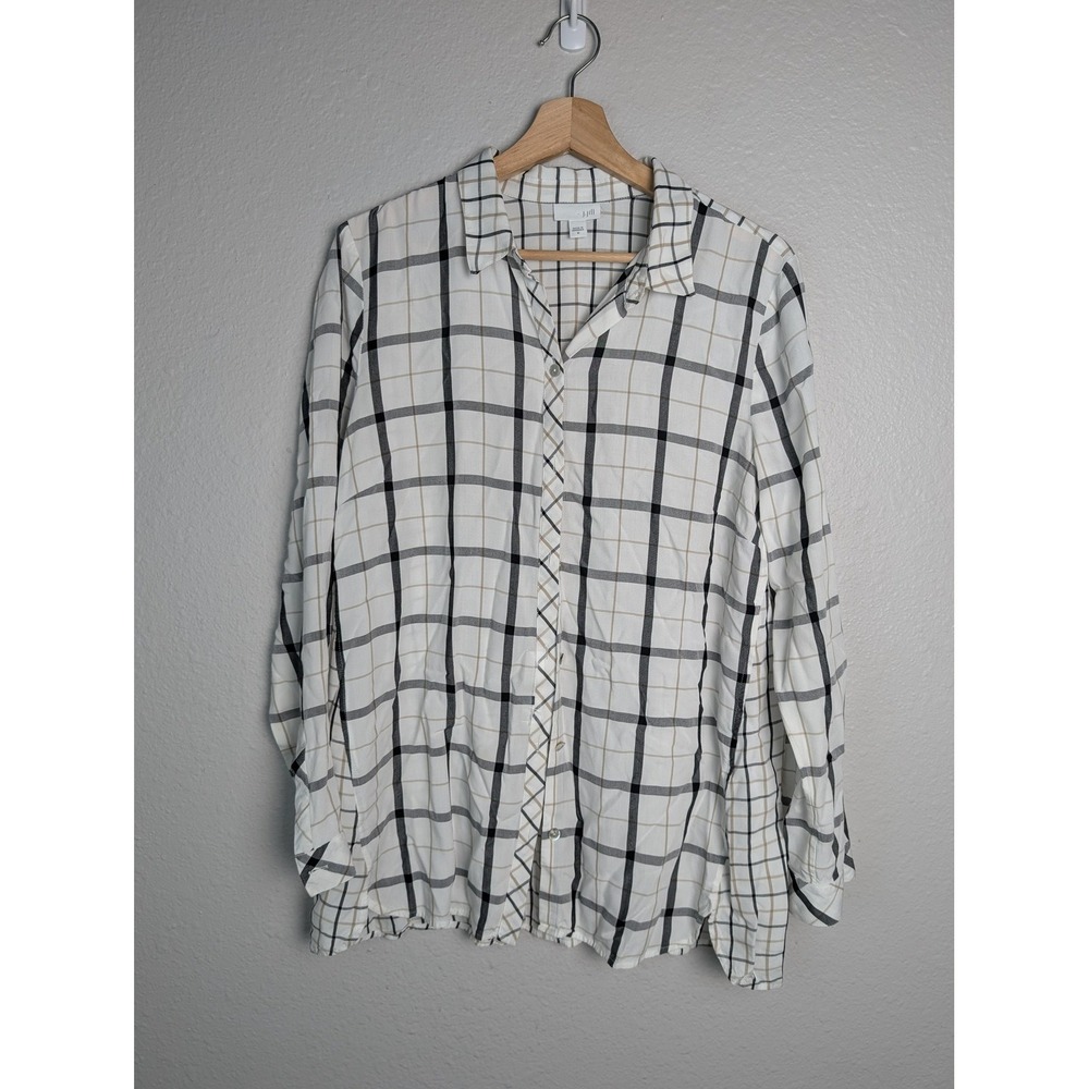 J Jill Shirt Womens Medium White Plaid‎ Button Front Long Sleeve Tunic Top Rayon